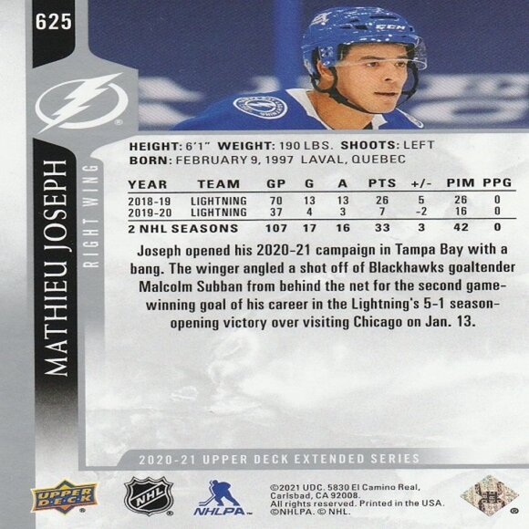 Mathieu Joseph - 2020/2021 Upper Deck Extended Series Hockey Card - Picture 2 of 2